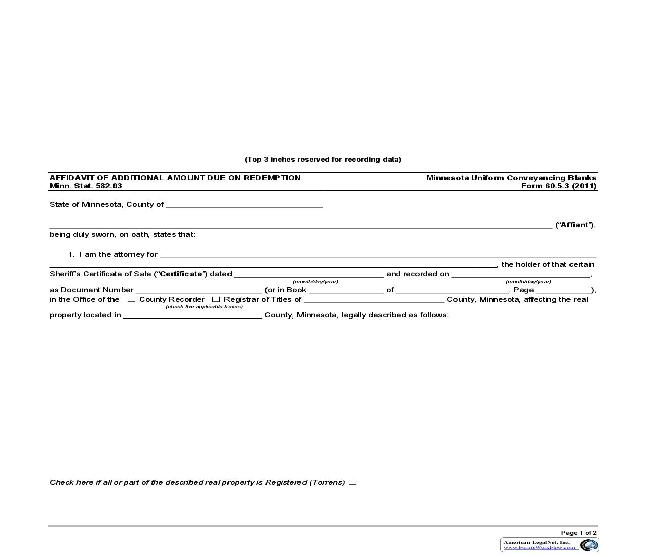 Affidavit of Additional Amount Due on Redemption {60.5.3} | Pdf Fpdf Doc Docx | Minnesota