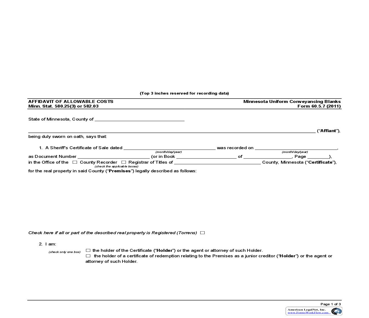 Affidavit of Allowable Costs {60.5.7} | Pdf Fpdf Doc Docx | Minnesota