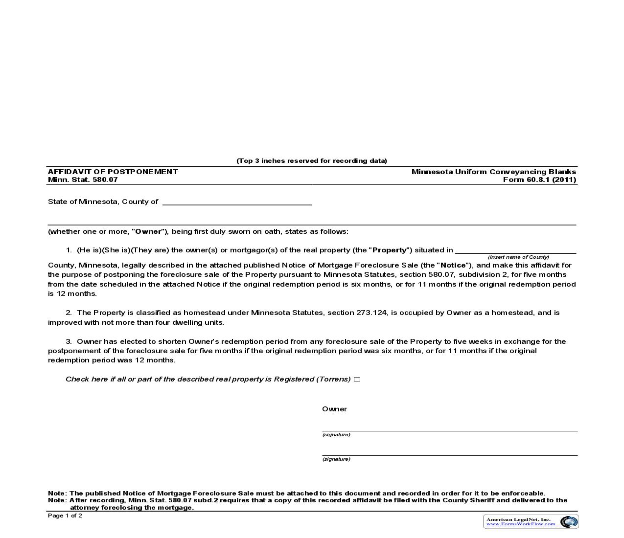 Affidavit of Postponement {60.8.1} | Pdf Fpdf Doc Docx | Minnesota