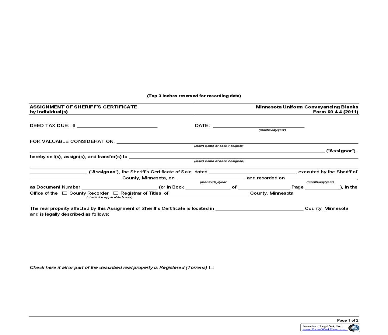 Assignment of Sheriffs Certificate by Individual (s) {60.4.4} | Pdf Fpdf Doc Docx | Minnesota