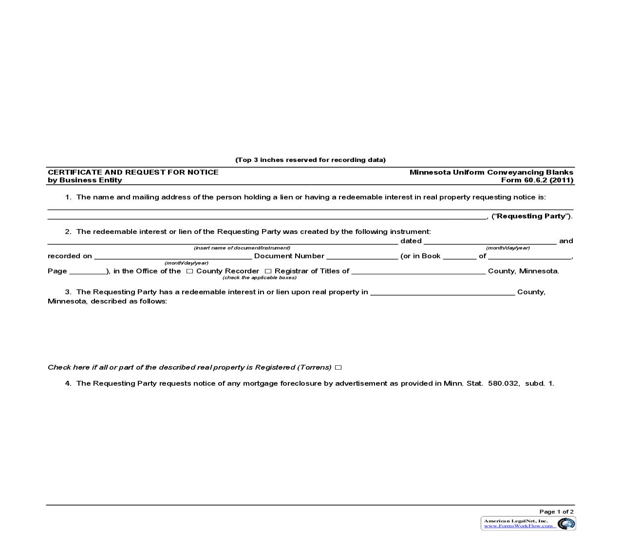 Certificate And Request For Notice By Business Entity {60.6.2} | Pdf Fpdf Doc Docx | Minnesota