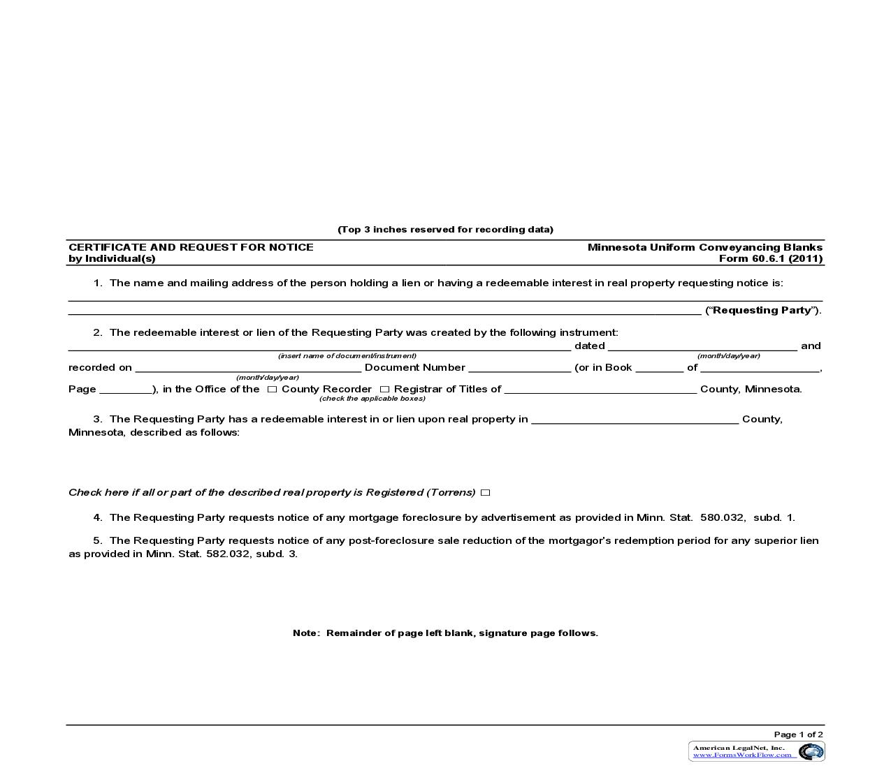 Certificate And Request For Notice By Individual(s) {60.6.1} | Pdf Fpdf Doc Docx | Minnesota