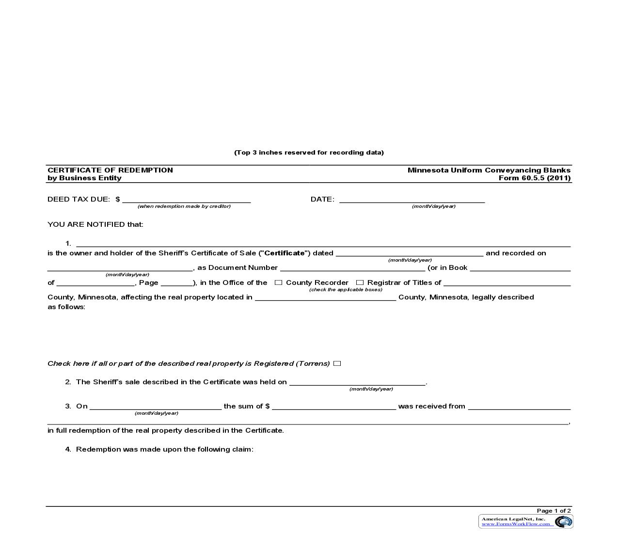 Certificate of Redemption by Business Entity {60.5.5} | Pdf Fpdf Doc Docx | Minnesota