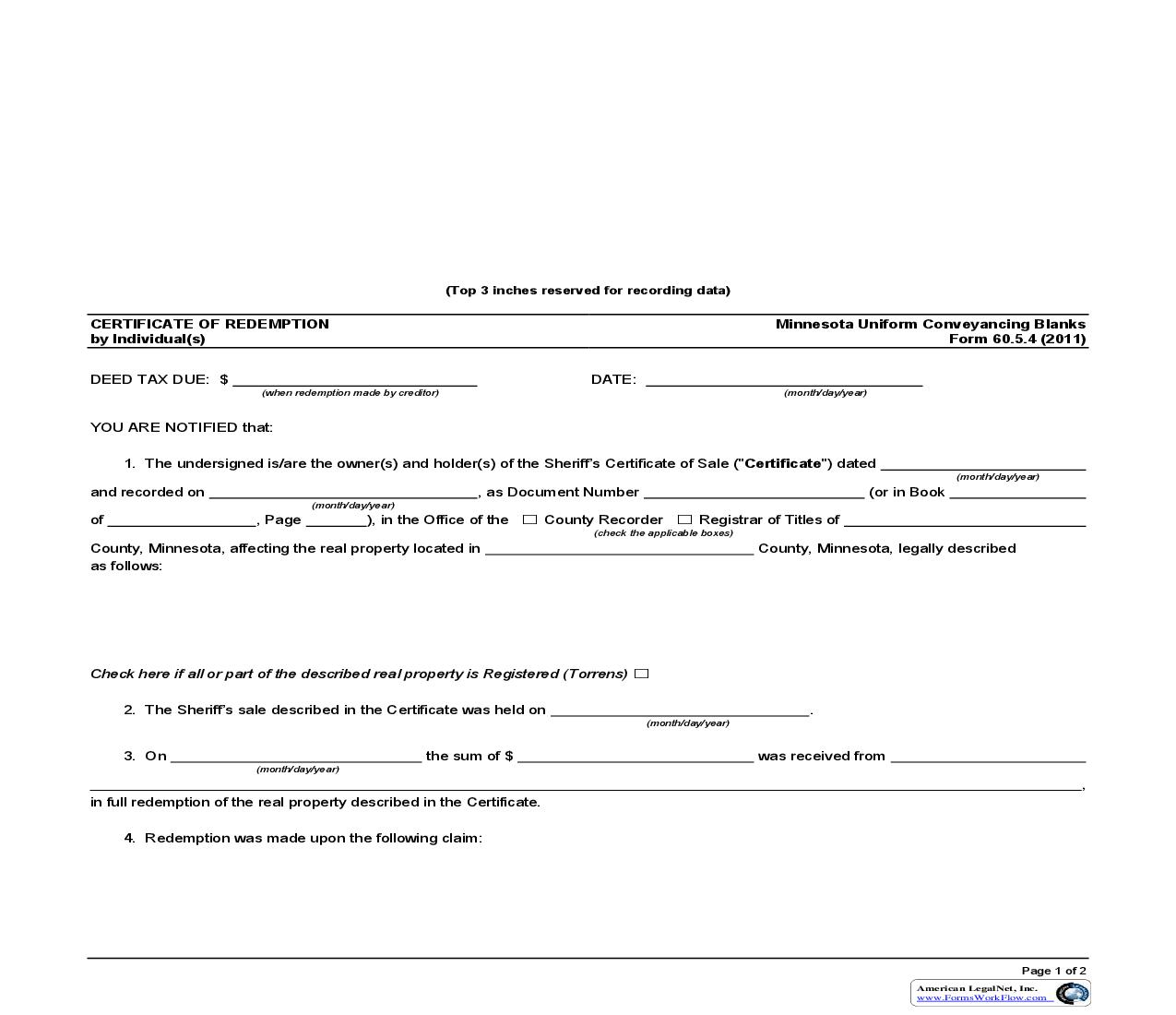 Certificate of Redemption by Individual(s) {60.5.4} | Pdf Fpdf Doc Docx | Minnesota
