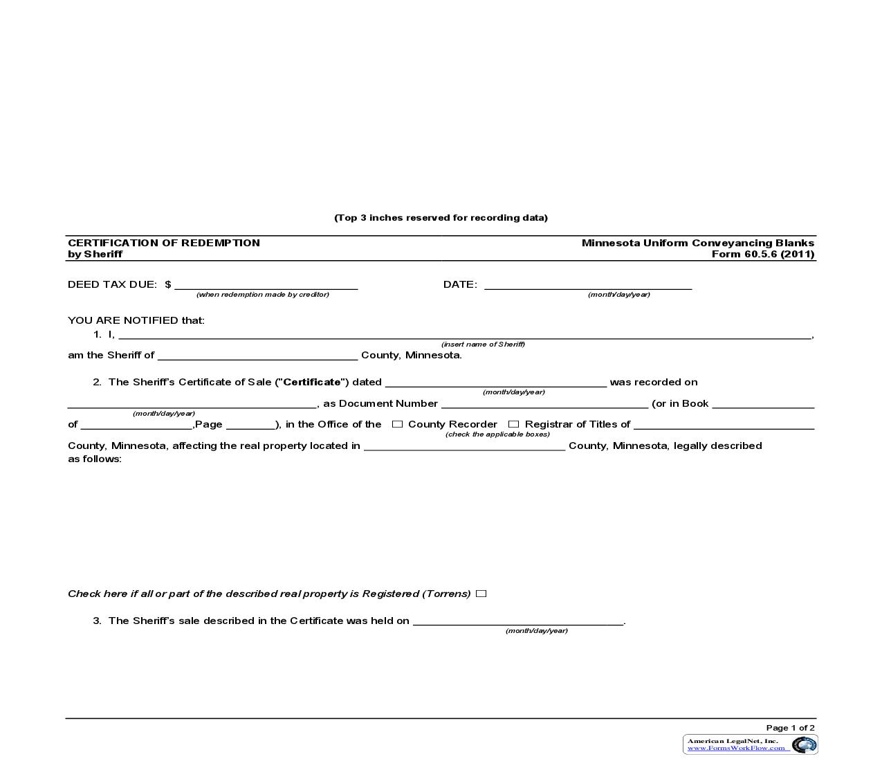 Certificate of Redemption by Sheriff {60.5.6} | Pdf Fpdf Doc Docx | Minnesota
