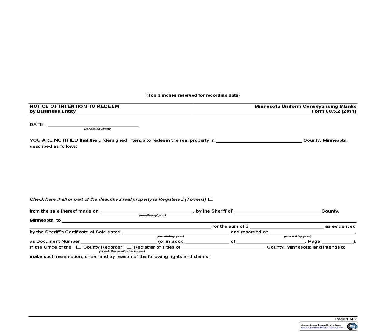 Notice Of Intention To Redeem {60.5.2} | Pdf Fpdf Doc Docx | Minnesota
