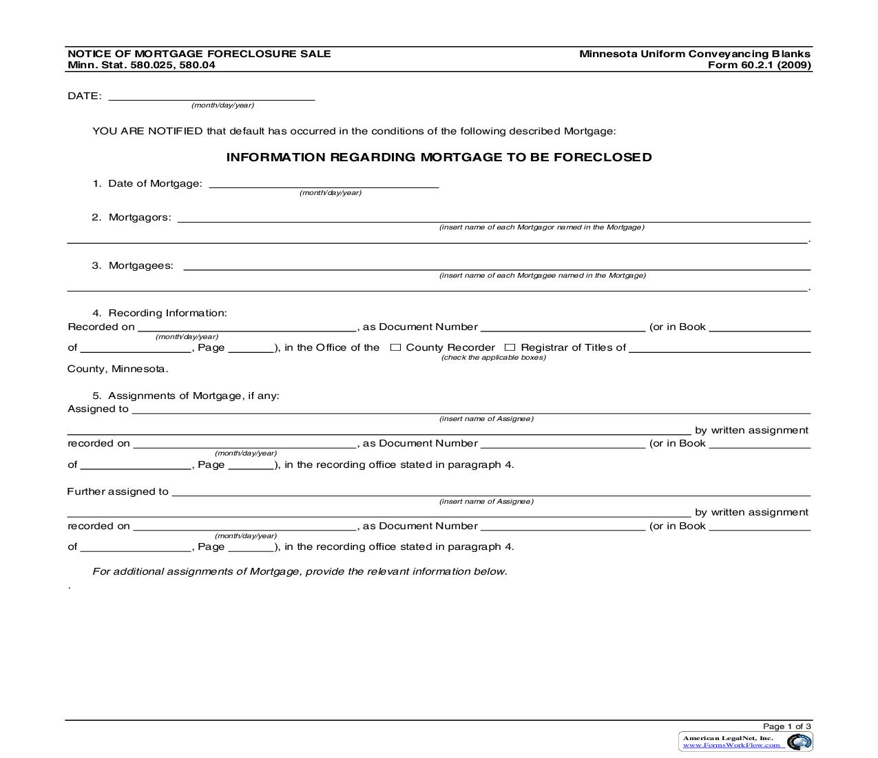 Notice Of Mortgage Foreclosure Sale {60.2.1} | Pdf Fpdf Doc Docx | Minnesota