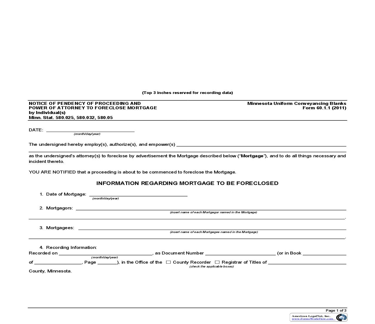 Notice Of Pendency Of Proceeding And Power Of Attorney To Foreclose Mortgage By Individual(s) {60.1.1} | Pdf Fpdf Doc Docx | Minnesota