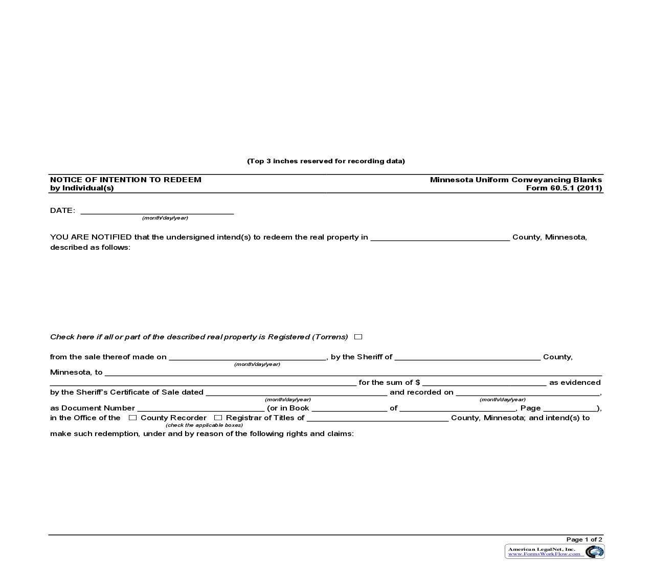 Notice of Intention to Redeem by Individual(s) {60.5.1} | Pdf Fpdf Doc Docx | Minnesota