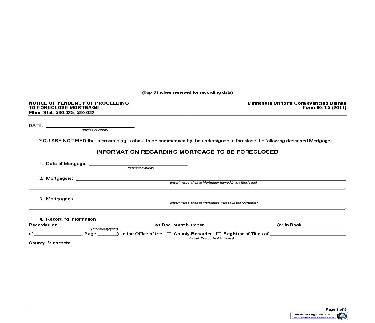 Notice of Pendency of Proceeding to Foreclose Mortgage {60.1.5} | Pdf Fpdf Doc Docx | Minnesota