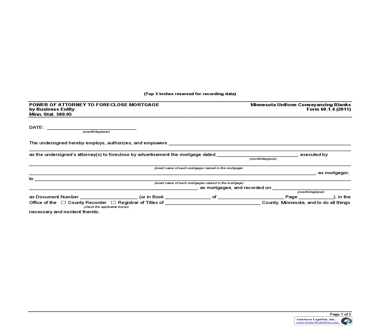 Power of Attorney to Foreclose Mortgage by Business Entity {60.1.4} | Pdf Fpdf Doc Docx | Minnesota