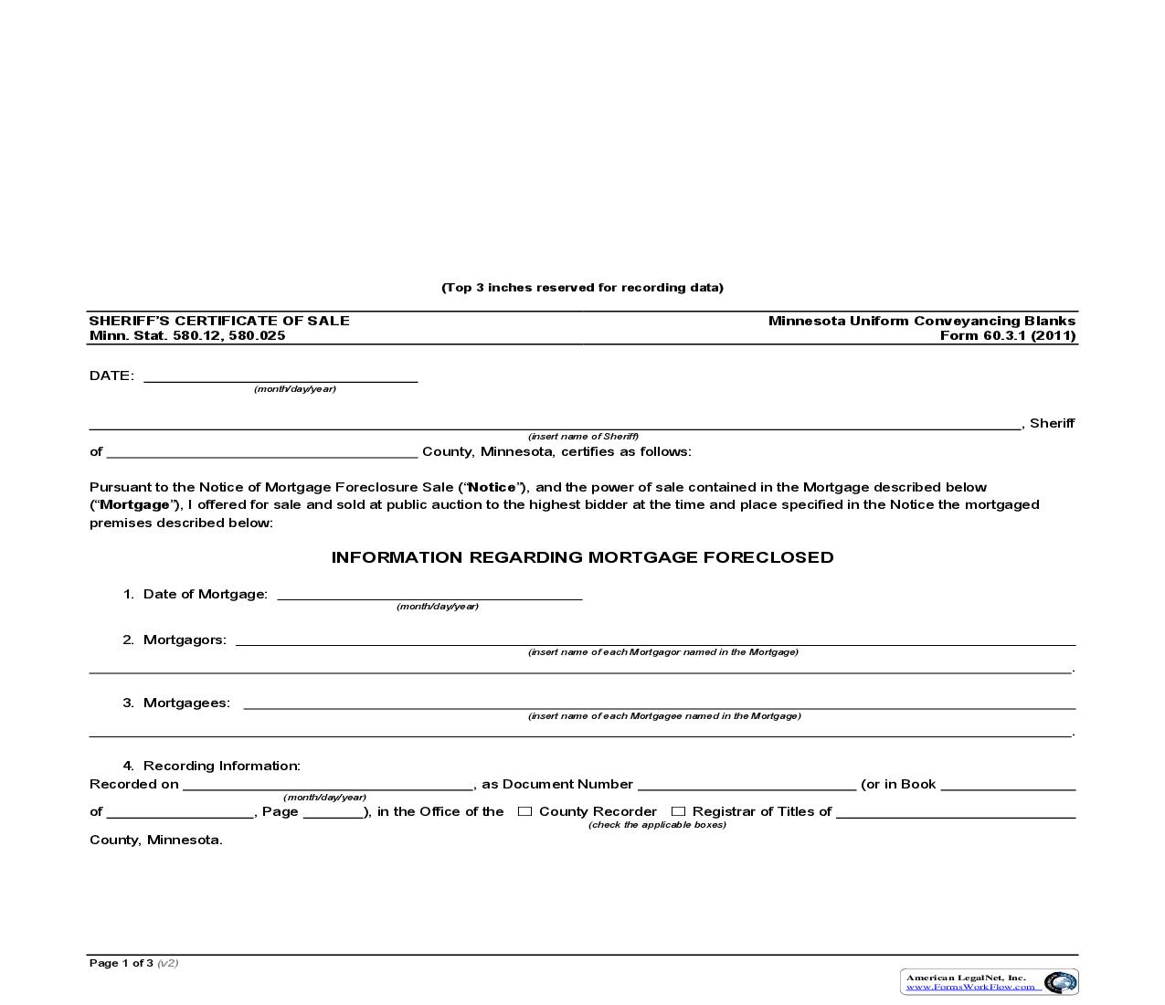 Sheriffs Certificate Of Sale {60.3.1} | Pdf Fpdf Doc Docx | Minnesota