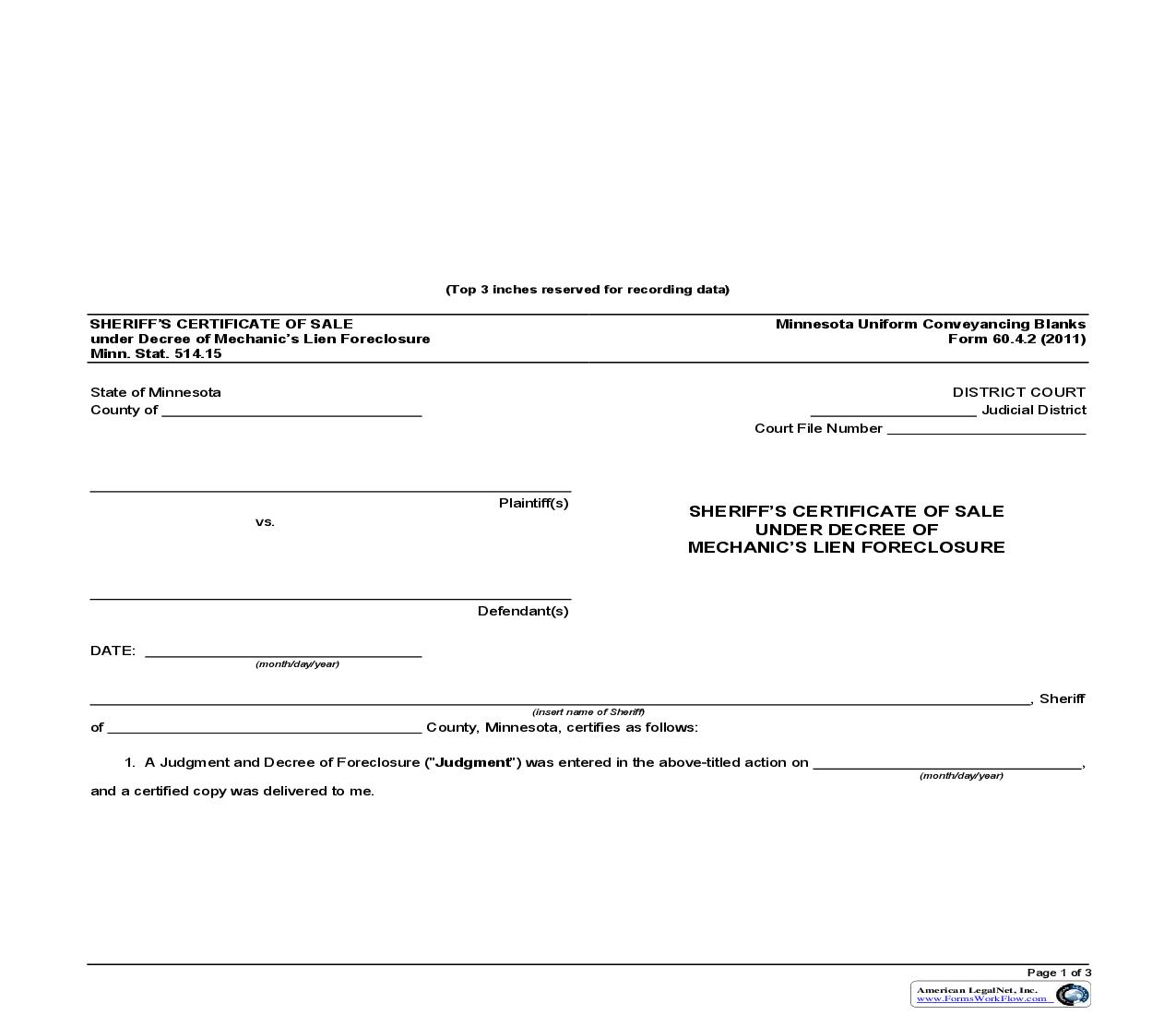Sheriffs Certificate of Sale under Decree of Mechanics Lien Foreclosure Minn. Stat. 514.15 {60.4.2} | Pdf Fpdf Doc Docx | Minnesota