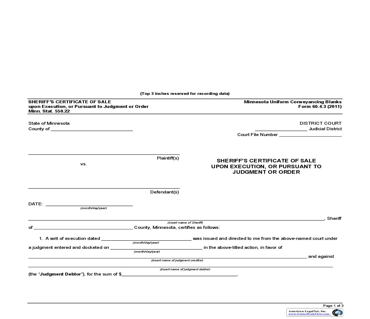 Sheriffs Certificate of Sale upon Execution or Pursuant to Judgment or Order Minn. Stat. 550.22 {60.4.3} | Pdf Fpdf Doc Docx | Minnesota