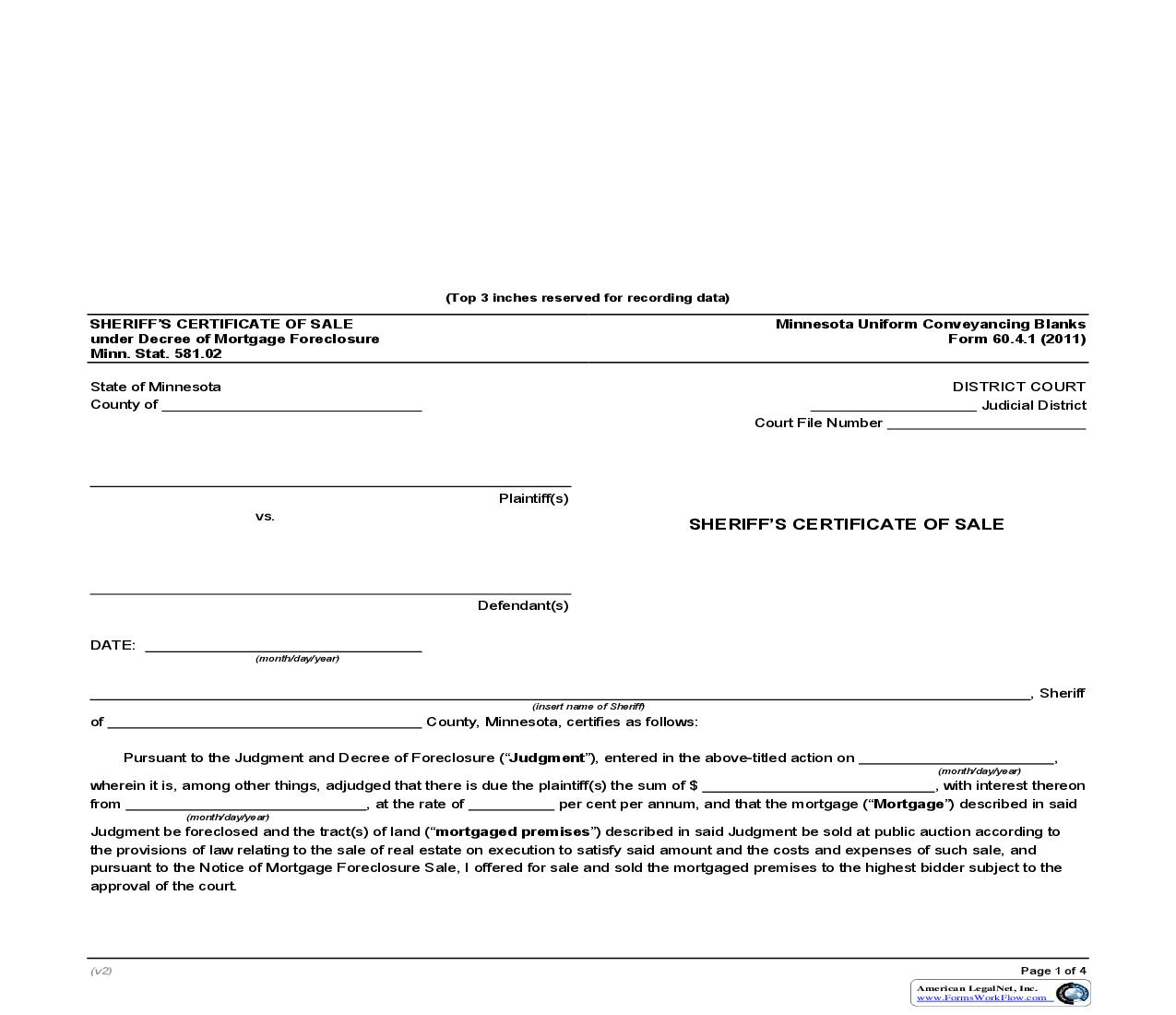 Sheriffs Certificate-Sale Under Decree of Mortgage Foreclosure {60.4.1} | Pdf Fpdf Doc Docx | Minnesota