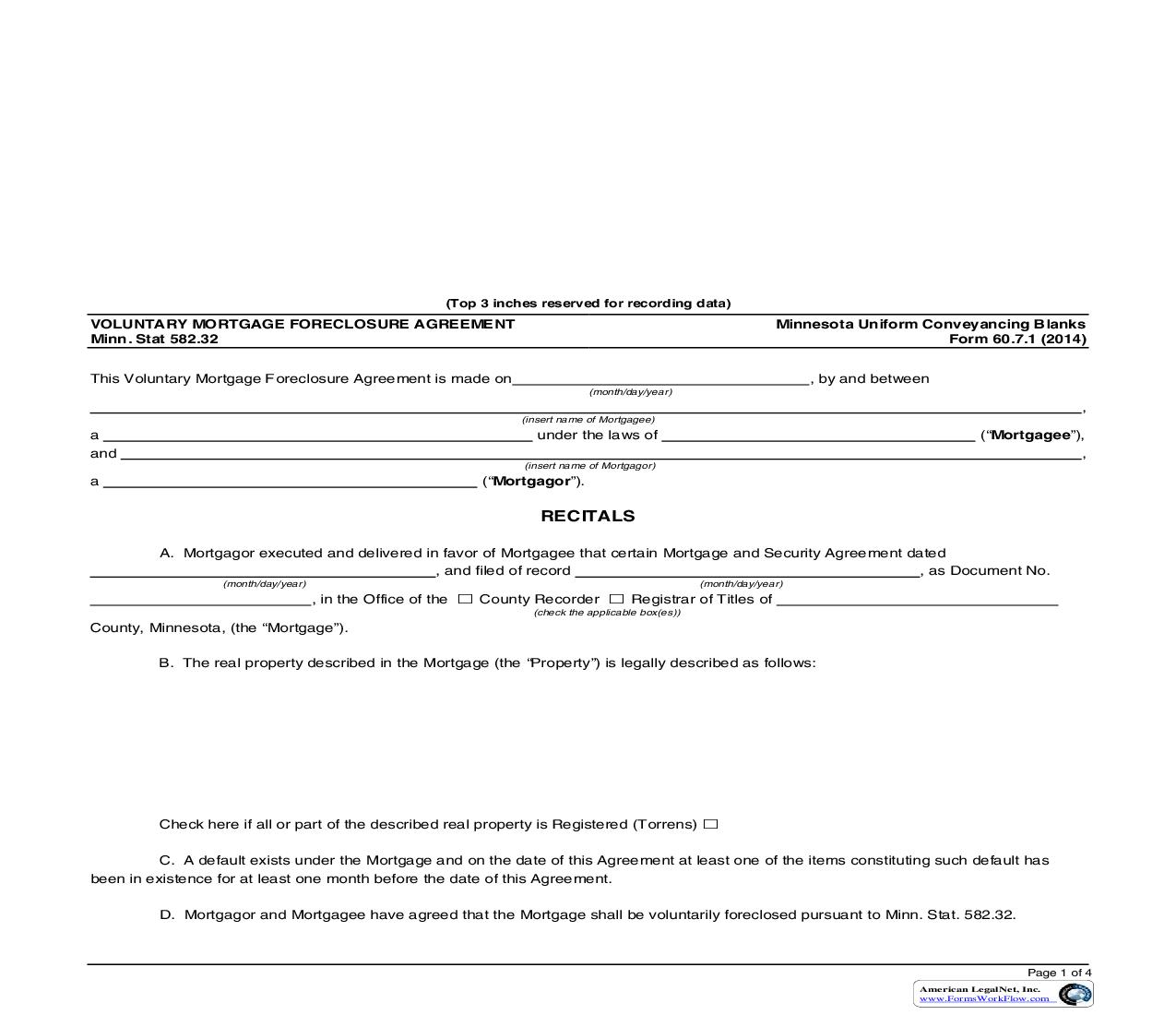 Voluntary Mortgage Foreclosure Agreement {60.7.1} | Pdf Fpdf Doc Docx | Minnesota