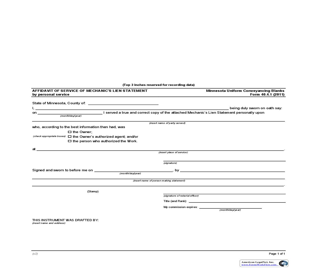 Affidavit Of Service Of Mechanics Lien Statement By Personal Service {40.4.1} | Pdf Fpdf Doc Docx | Minnesota