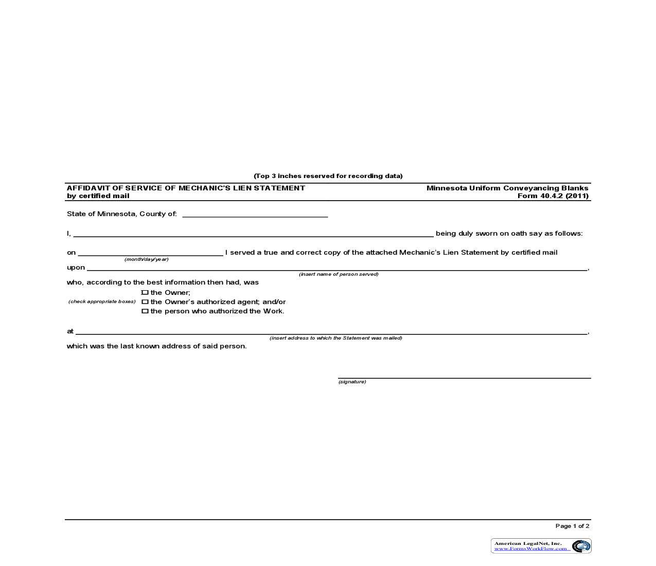 Affidavit Of Service Of Mechanics Lien Statement By Personal Service {40.4.2} | Pdf Fpdf Doc Docx | Minnesota