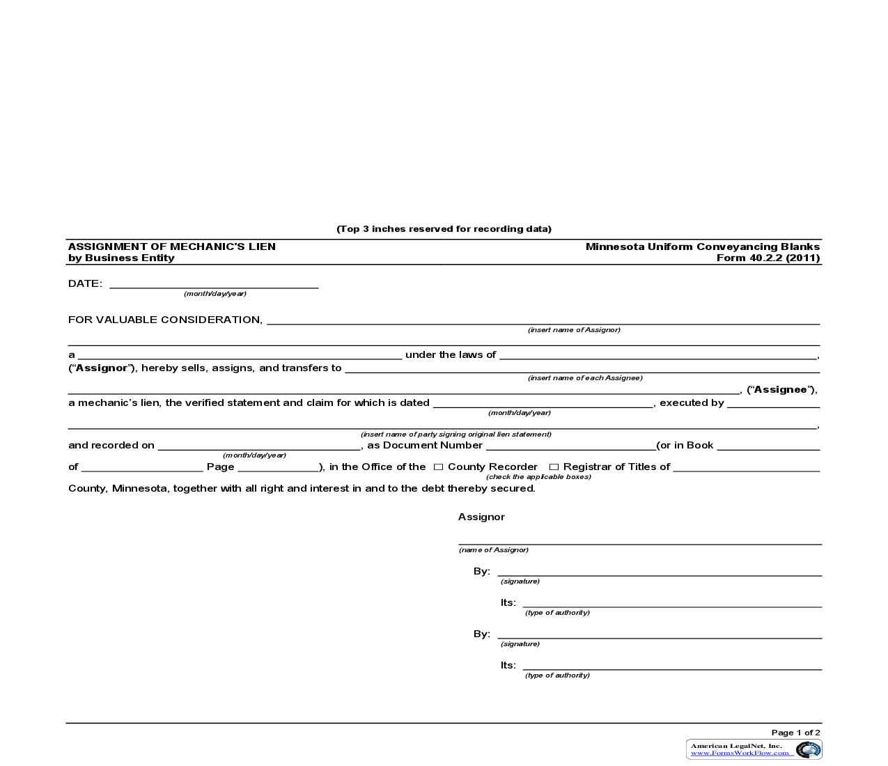 Assignment Of Mechanics Lien By Business Entity {40.2.2} | Pdf Fpdf Doc Docx | Minnesota