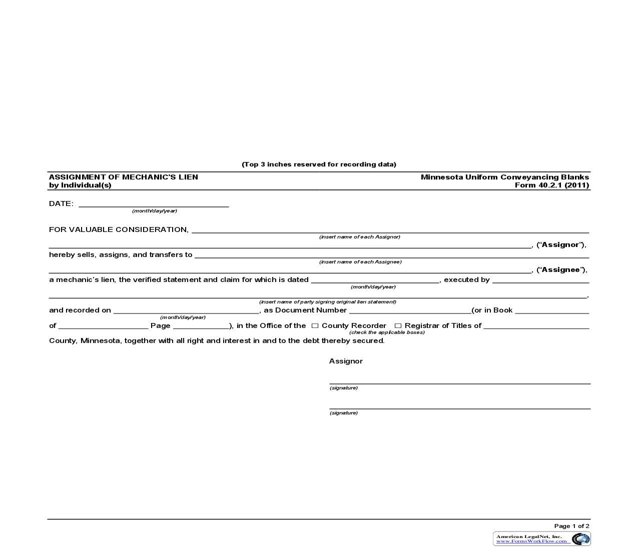 Assignment Of Mechanics Lien By Individual(s) {40.2.1} | Pdf Fpdf Doc Docx | Minnesota