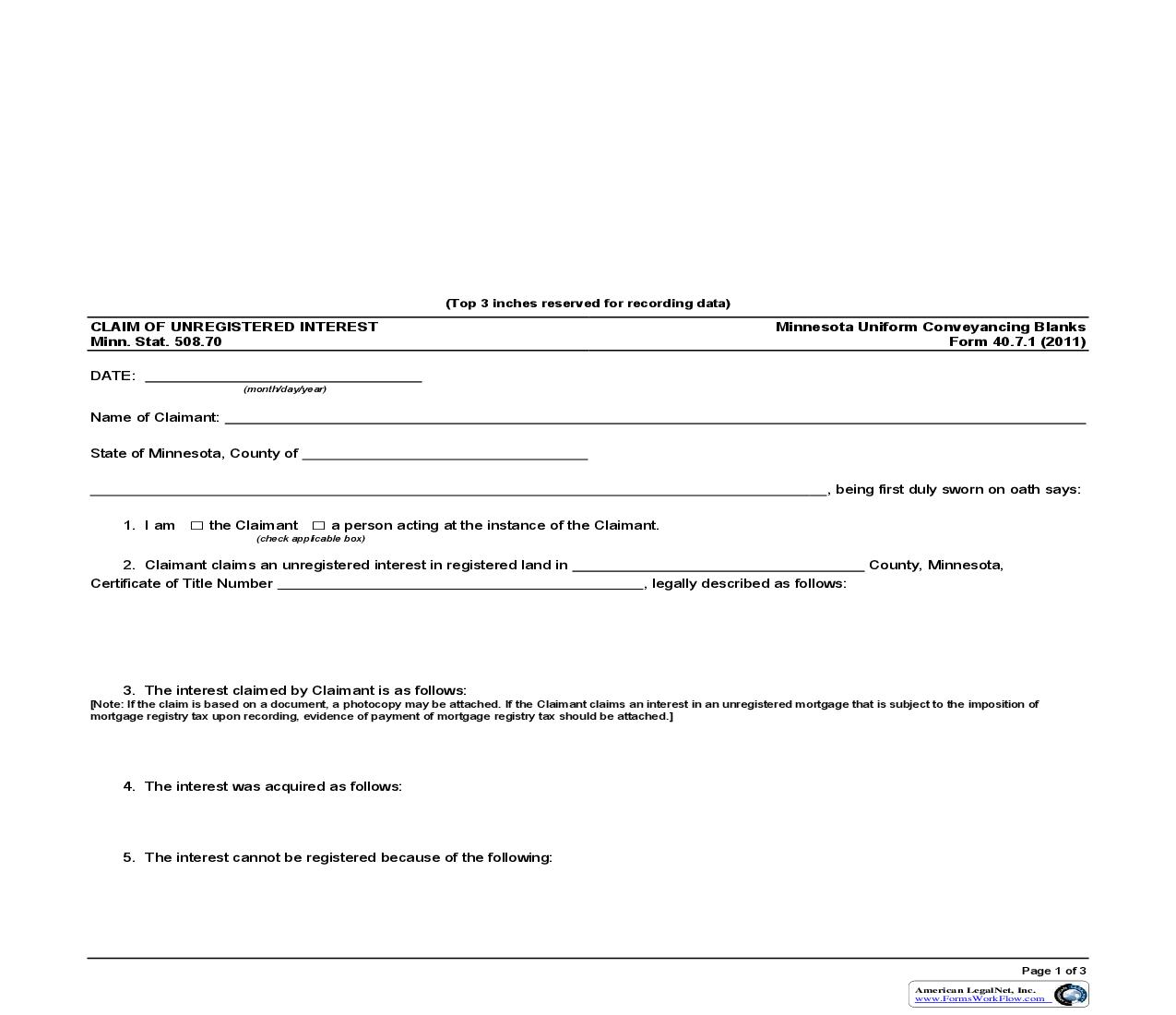 Claim Of Unregistered Interest {40.7.1} | Pdf Fpdf Doc Docx | Minnesota