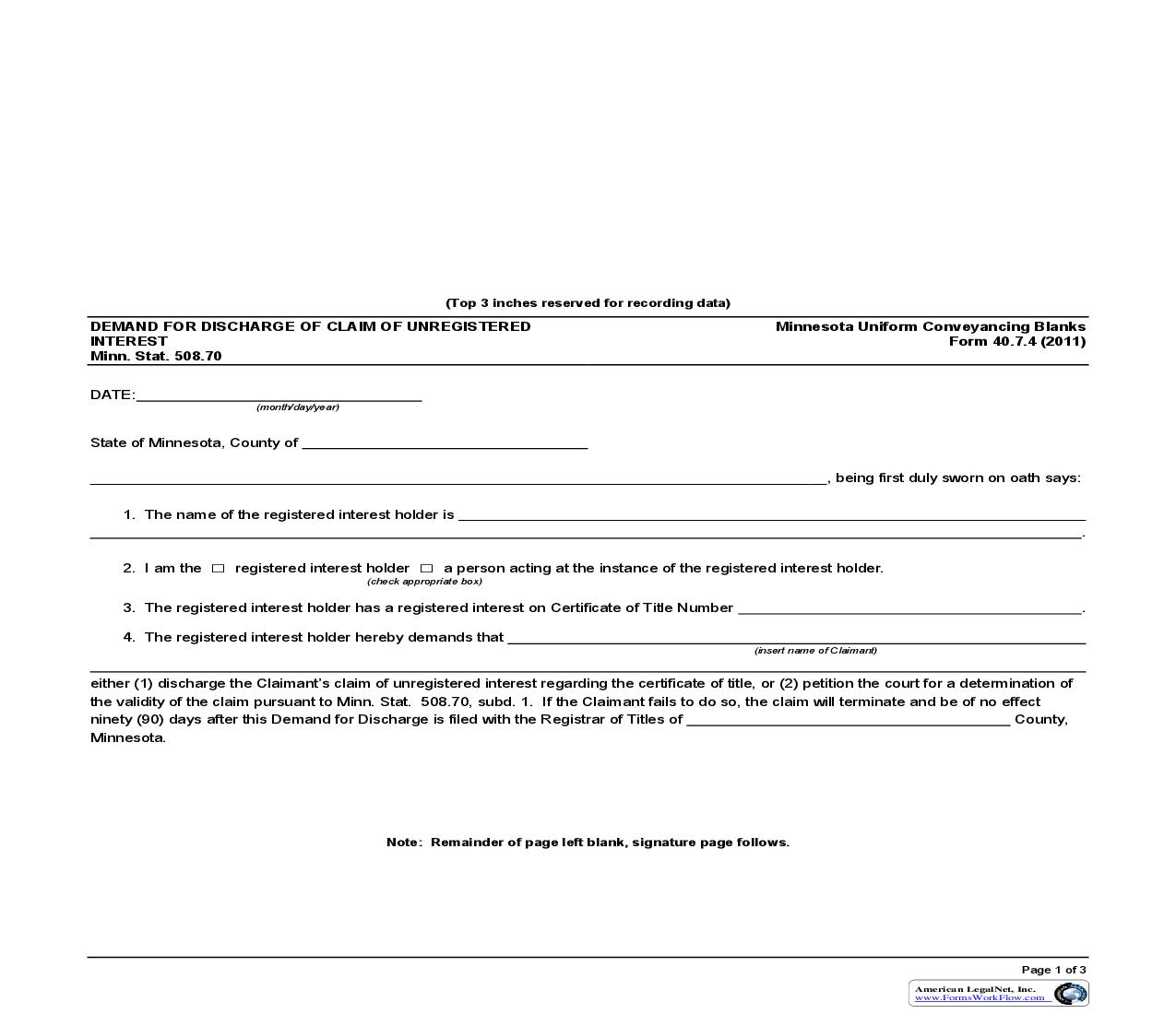 Demand For Discharge Of Claim Of Unregistered Interest {40.7.4} | Pdf Fpdf Doc Docx | Minnesota