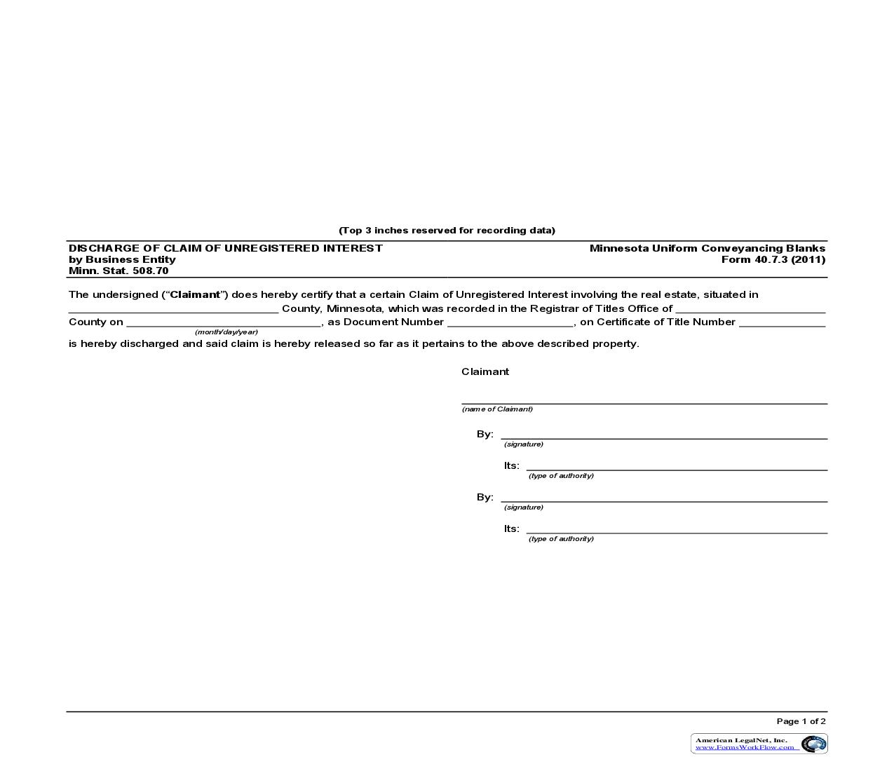 Discharge Of Claim Of Unregistered Interest By Business Entity {40.7.3} | Pdf Fpdf Doc Docx | Minnesota