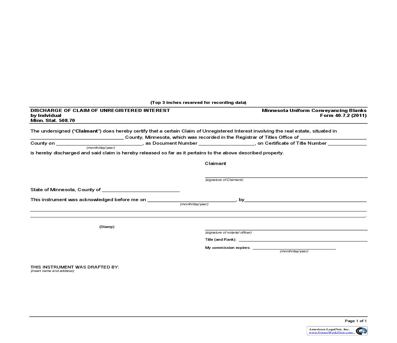 Discharge Of Claim Of Unregistered Interest By Individual {40.7.2} | Pdf Fpdf Doc Docx | Minnesota