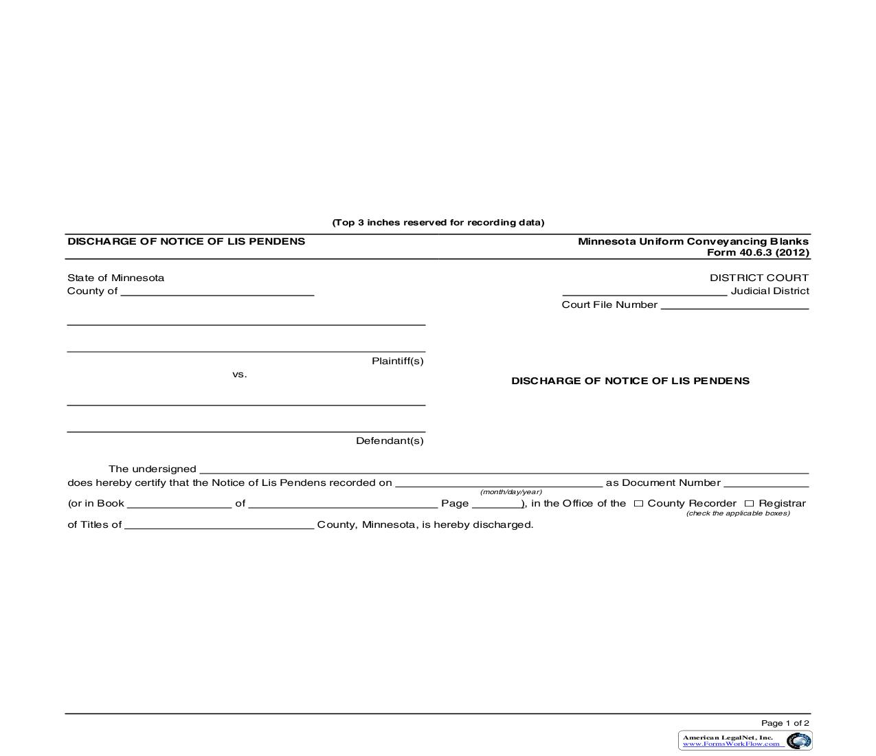 Discharge Of Notice Of Lis Pendens Partial Or Complete {40.6.3} | Pdf Fpdf Doc Docx | Minnesota