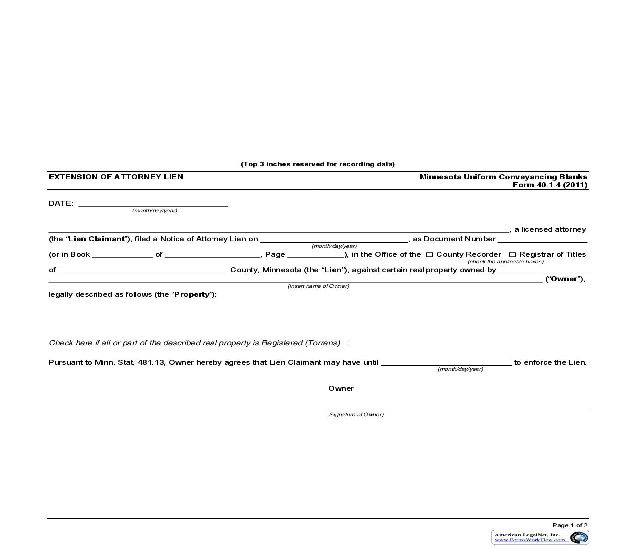Extension Of Attorney Lien {40.1.4} | Pdf Fpdf Doc Docx | Minnesota