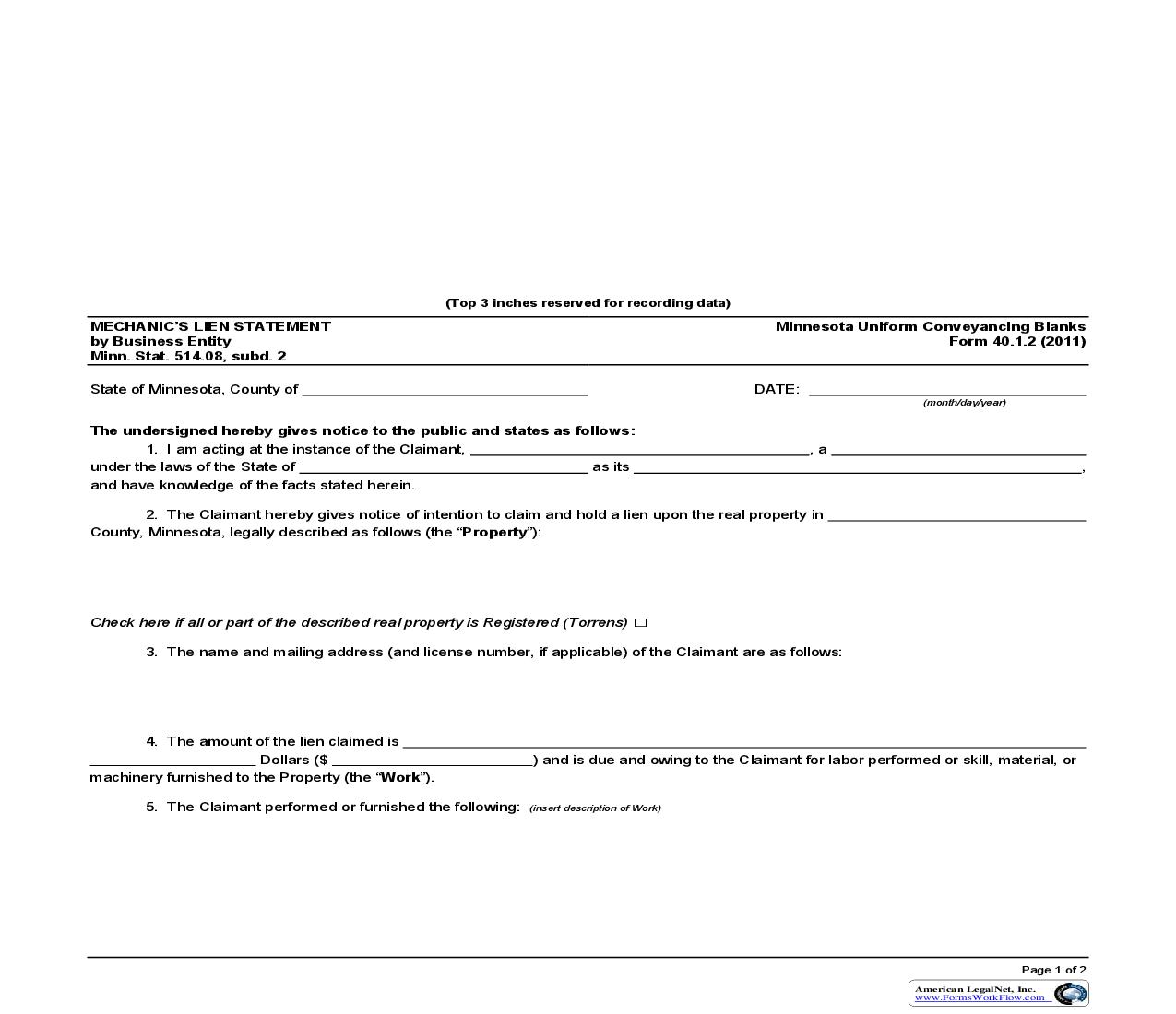 Mechanics Lien Statement By Business Entity {40.1.2} | Pdf Fpdf Doc Docx | Minnesota