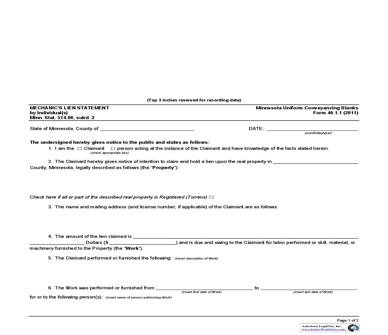 Mechanics Lien Statement By Individual(s) {40.1.1} | Pdf Fpdf Doc Docx | Minnesota