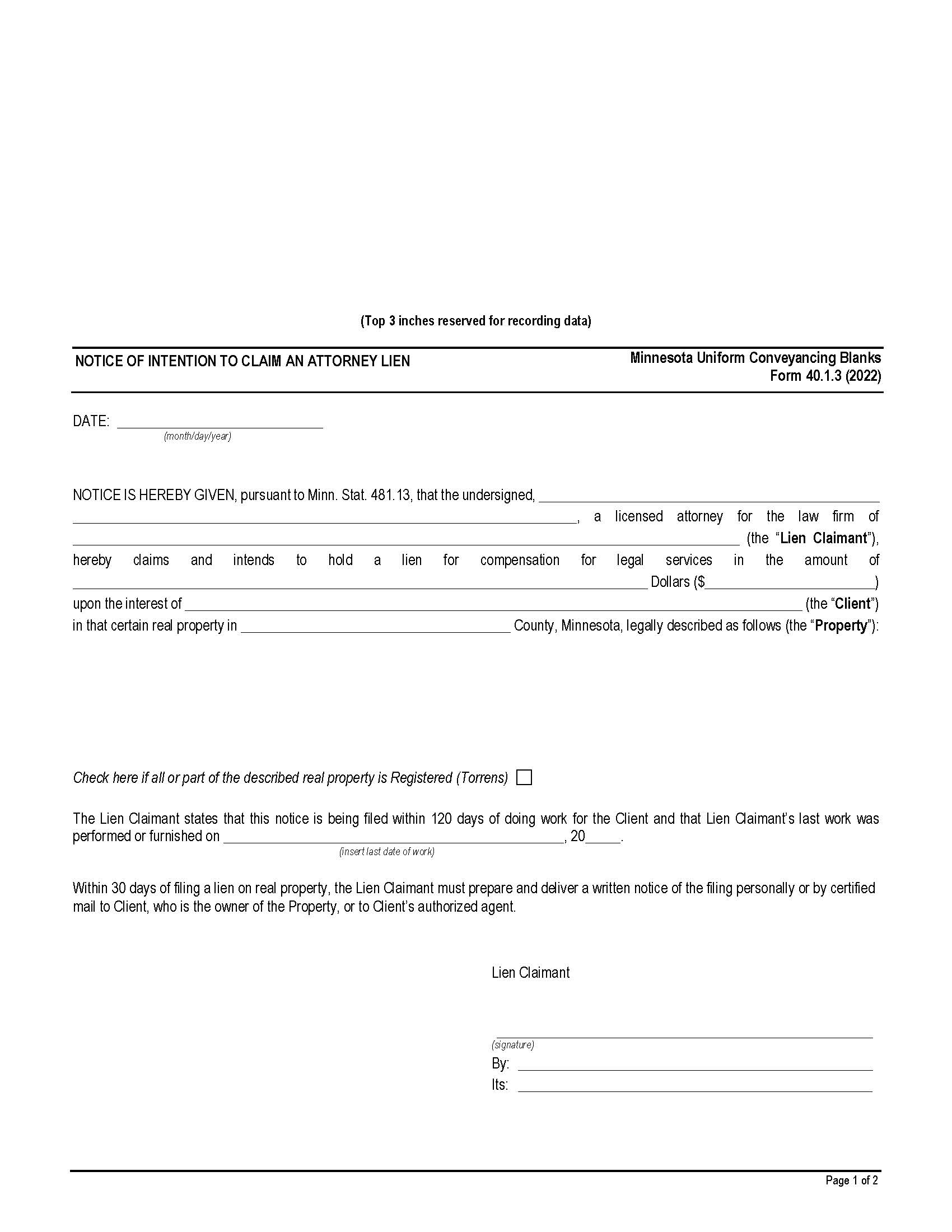 Notice Of Intention To Claim An Attorney Lien {40.1.3} | Pdf Fpdf Doc Docx | Minnesota