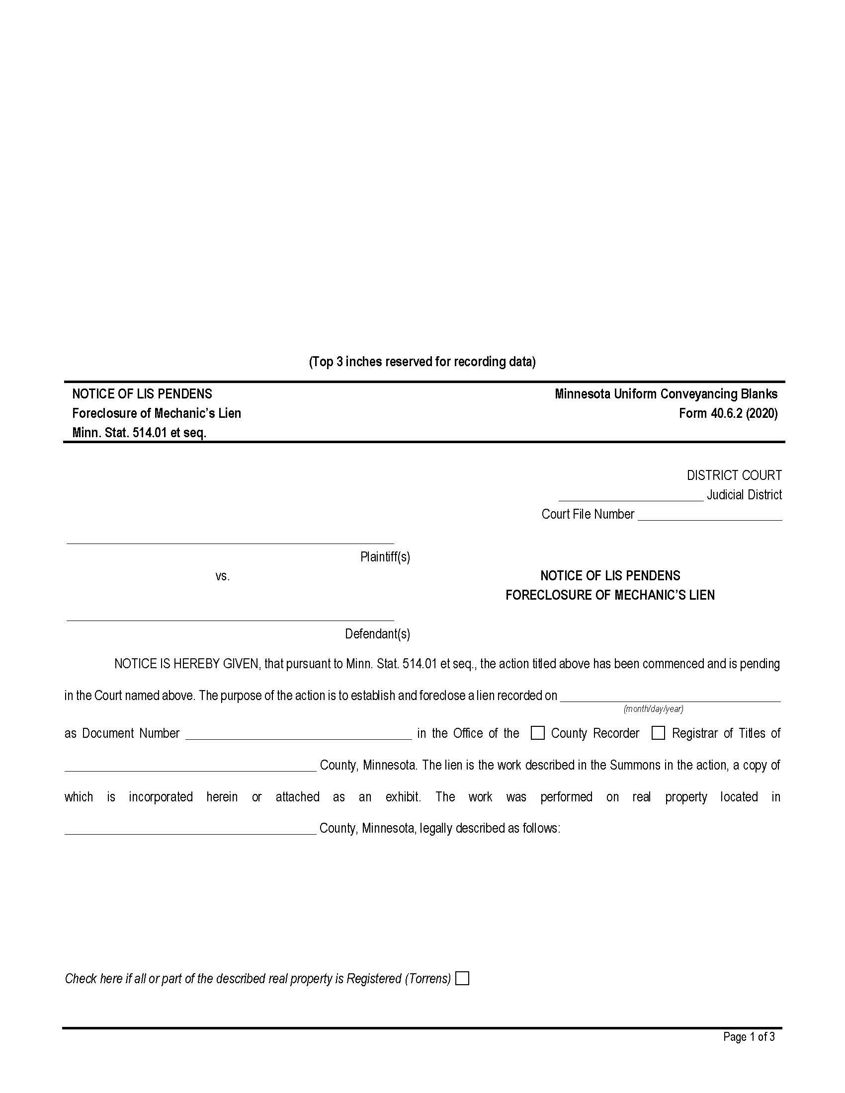 Notice Of Lis Pendens Foreclosure Of Mechanics Lien {40.6.2} | Pdf Fpdf Doc Docx | Minnesota