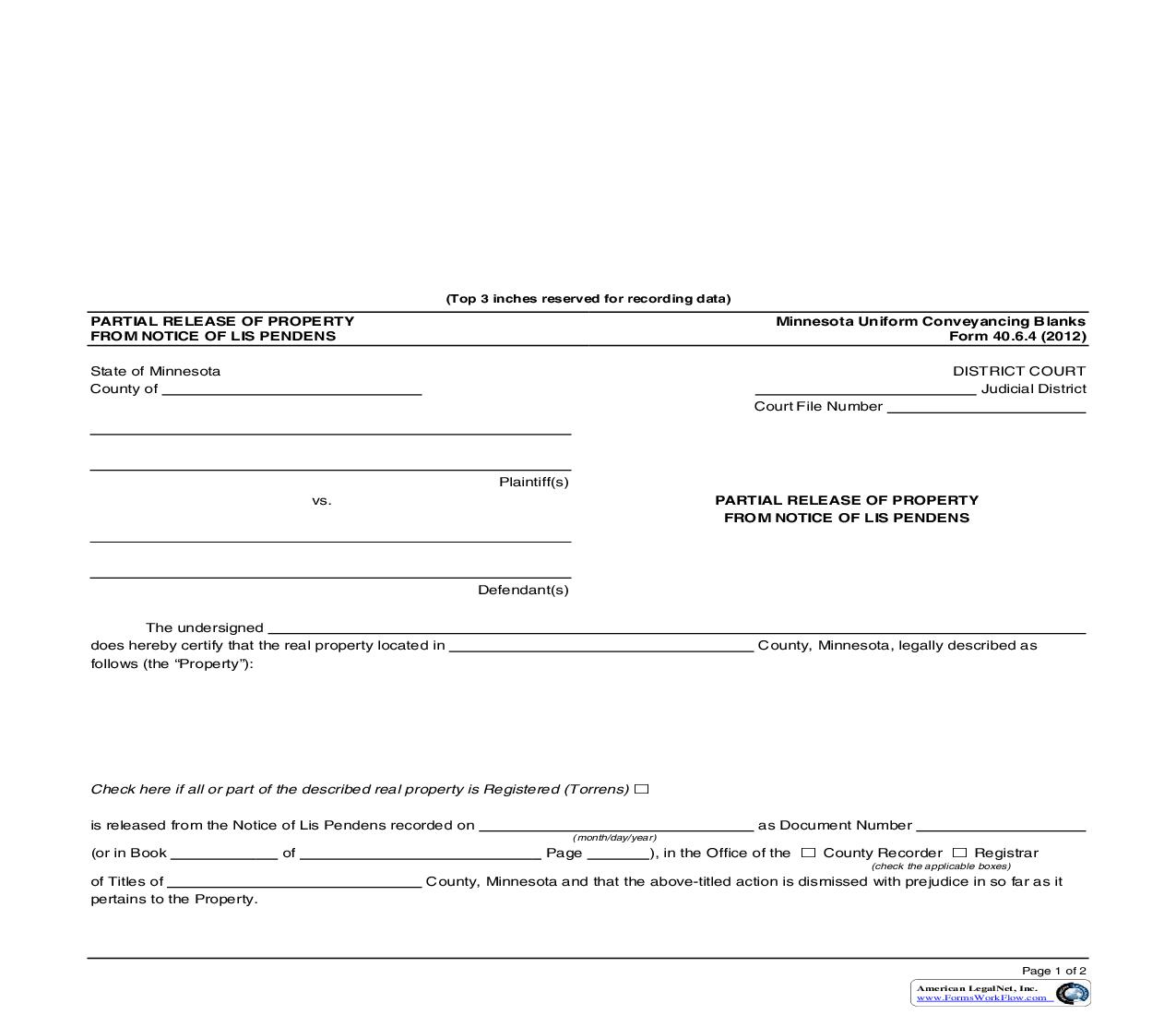 Partial Release of Property from Notice of Lis Pendens {40.6.4} | Pdf Fpdf Doc Docx | Minnesota
