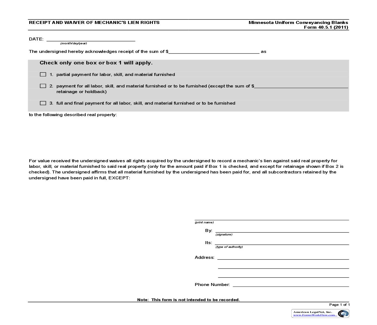 Receipt And Waiver Of Mechanics Lien Rights {40.5.1} | Pdf Fpdf Doc Docx | Minnesota