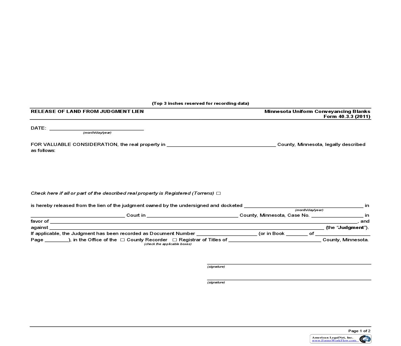 Release Of Land From Judgment Lien {40.3.3} | Pdf Fpdf Doc Docx | Minnesota