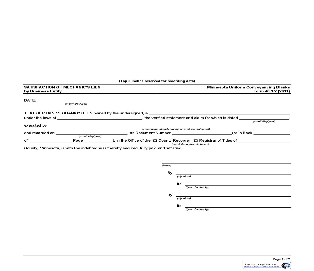Satisfaction Of Mechanics Lien By Business Entity {40.3.2} | Pdf Fpdf Doc Docx | Minnesota