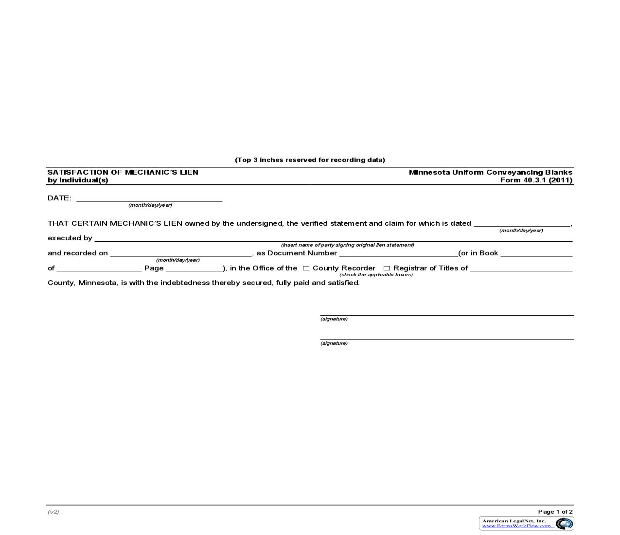 Satisfaction Of Mechanics Lien By Individual(s) {40.3.1} | Pdf Fpdf Doc Docx | Minnesota