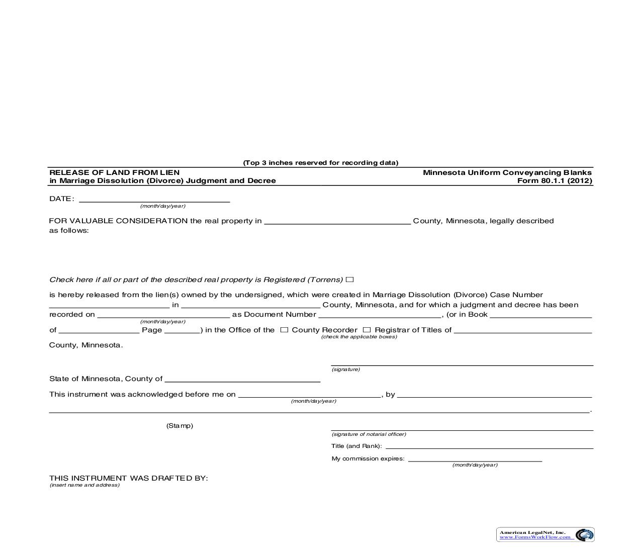 Release Of Land From Lien In Marriage Dissolution (Divorce) Judgment And Decree {80.1.1} | Pdf Fpdf Doc Docx | Minnesota