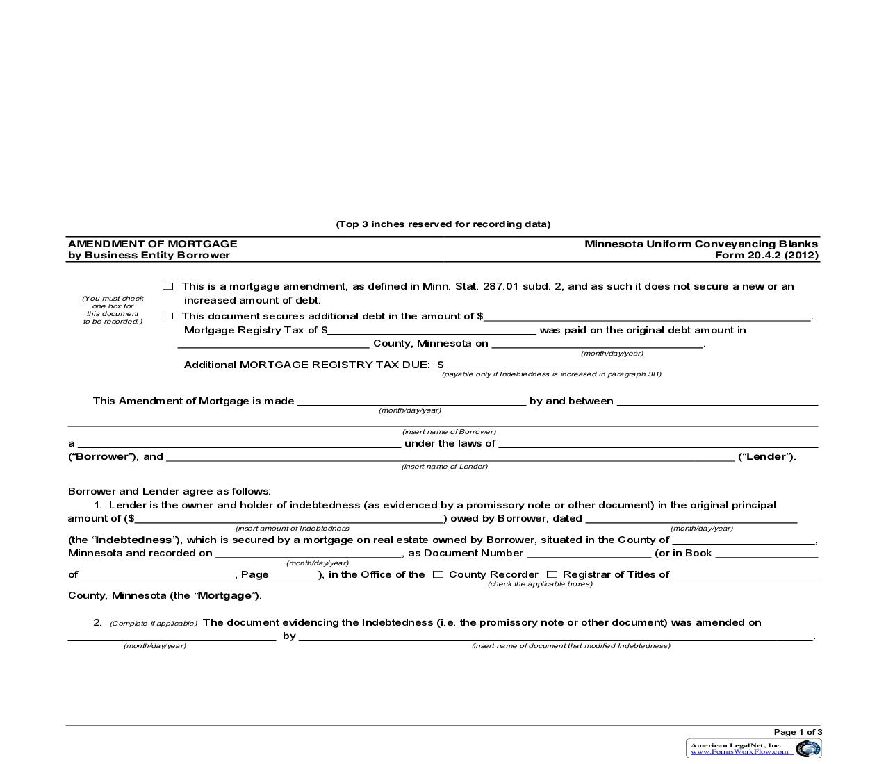 Amendment of Mortgage by Business Entity Borrower {20.4.2} | Pdf Fpdf Doc Docx | Minnesota