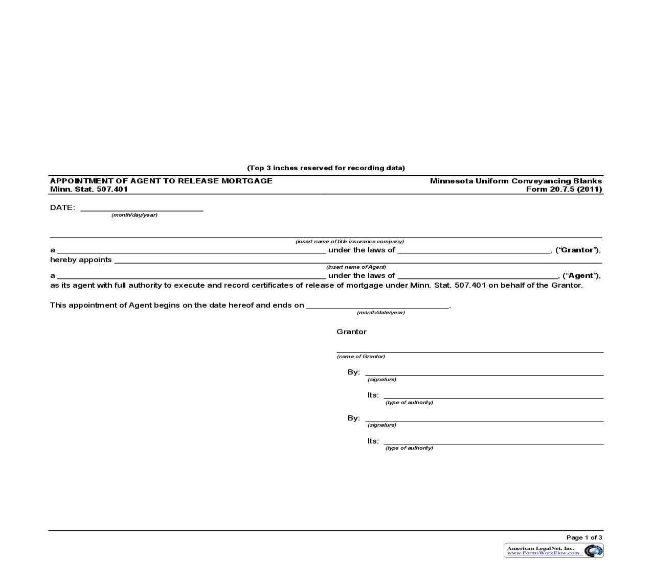 Appointment Of Agent To Release Mortgage {20.7.5} | Pdf Fpdf Doc Docx | Minnesota