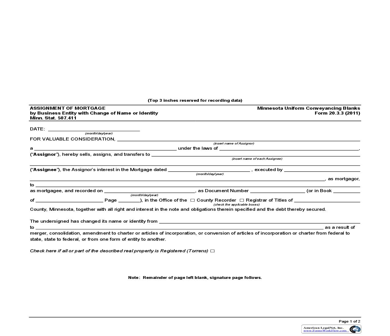 Assignment Of Mortgage By Business Entity With Change Of Name Or Identity {20.3.3} | Pdf Fpdf Doc Docx | Minnesota