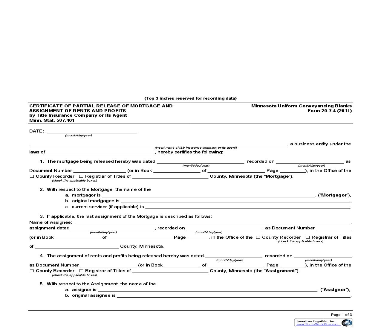 Certificate Of Partial Release Of Mortgage And Assignment Of Rents And Profits {20.7.4} | Pdf Fpdf Doc Docx | Minnesota
