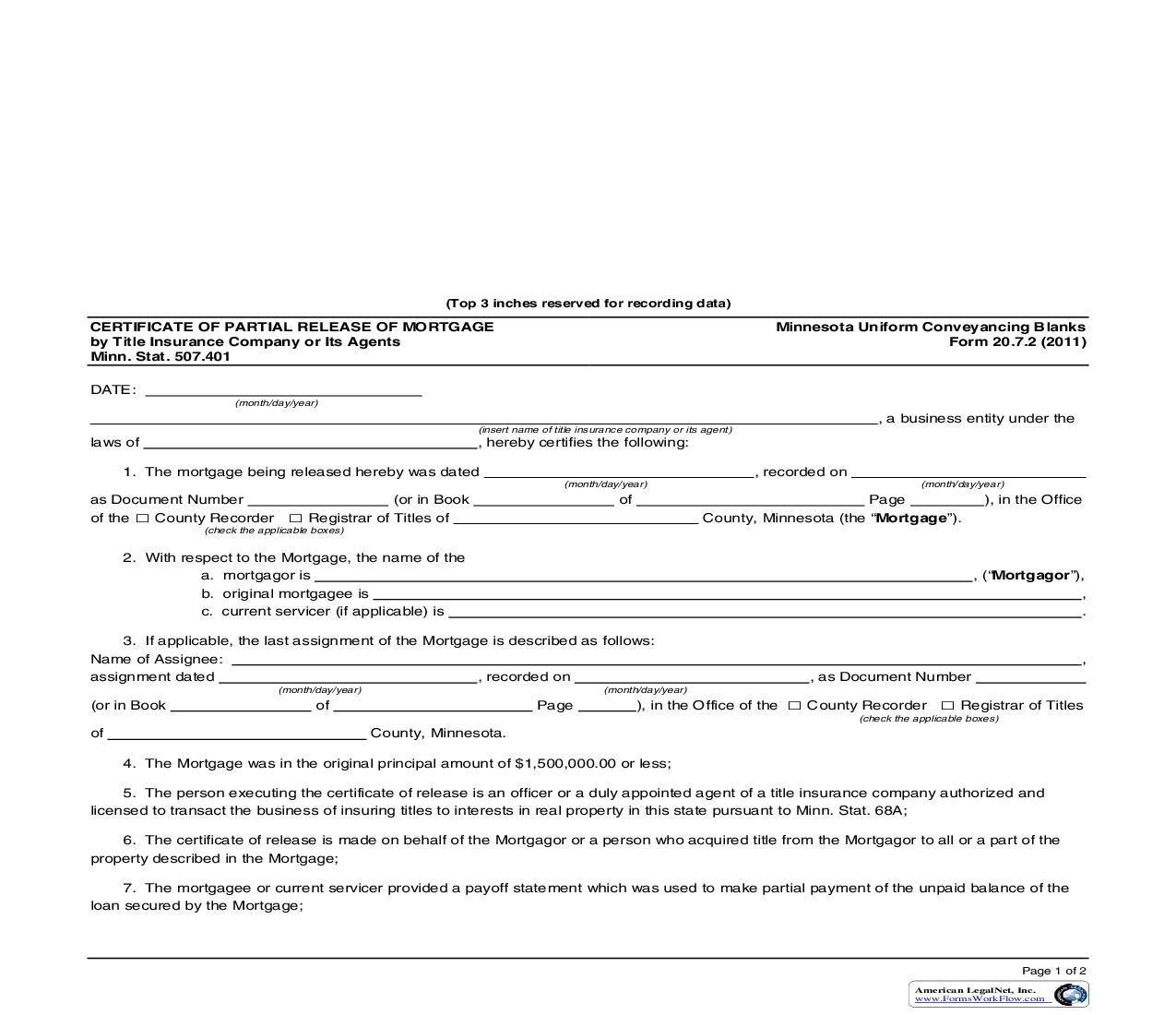 Certificate Of Partial Release Of Mortgage By Title Insurance Company Or Its Agent {20.7.2} | Pdf Fpdf Doc Docx | Minnesota