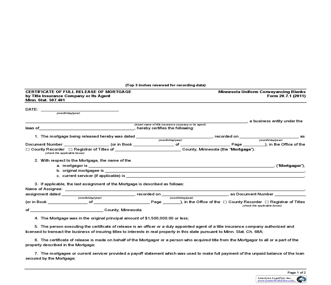 Certificate of Full Release Of Mortgage By Title Insurance Company Or Its Agent {20.7.1} | Pdf Fpdf Doc Docx | Minnesota