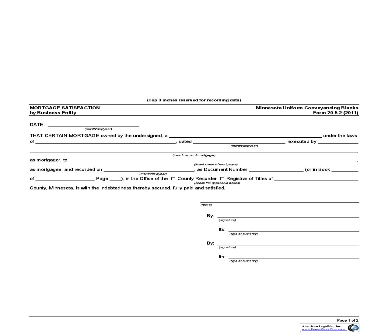 Mortgage Satisfaction By Business Entity {20.5.2} | Pdf Fpdf Doc Docx | Minnesota