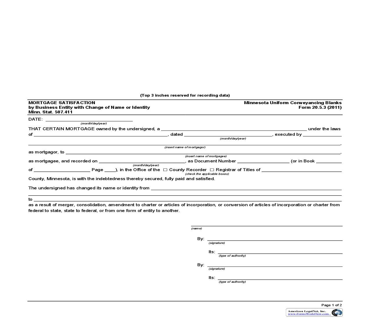 Mortgage Satisfaction By Business Entity With Change Of Name Or Identity {20.5.3} | Pdf Fpdf Doc Docx | Minnesota
