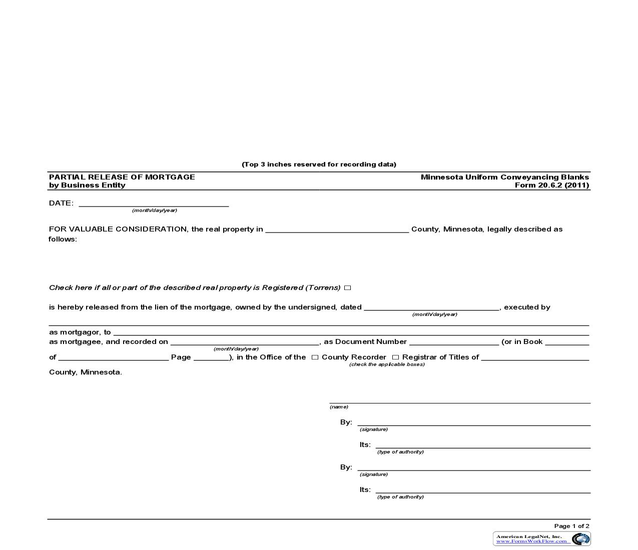 Partial Release Of Mortgage By Business Entity {20.6.2} | Pdf Fpdf Doc Docx | Minnesota
