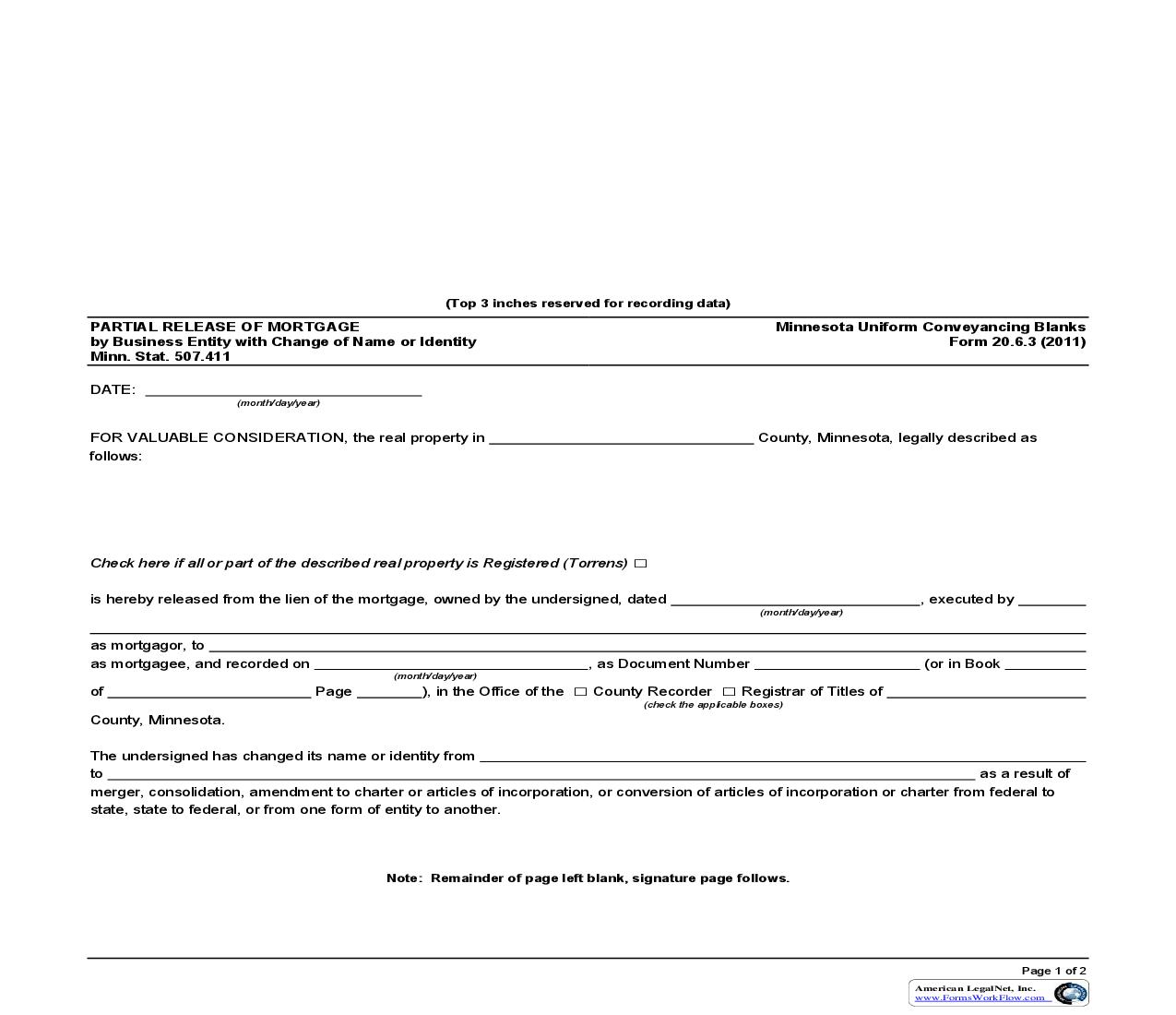 Partial Release Of Mortgage By Business Entity With Change Of Name Or Identity {20.6.3} | Pdf Fpdf Doc Docx | Minnesota